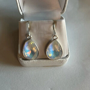 3/$20 Opalescent Moonstone Crystal Teardrop Silver Tone Dangle Earrings